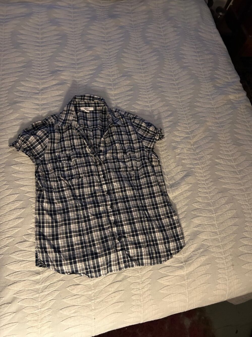 Rockabilly navy, gray and white plaid tailored button down blouse women size XL
